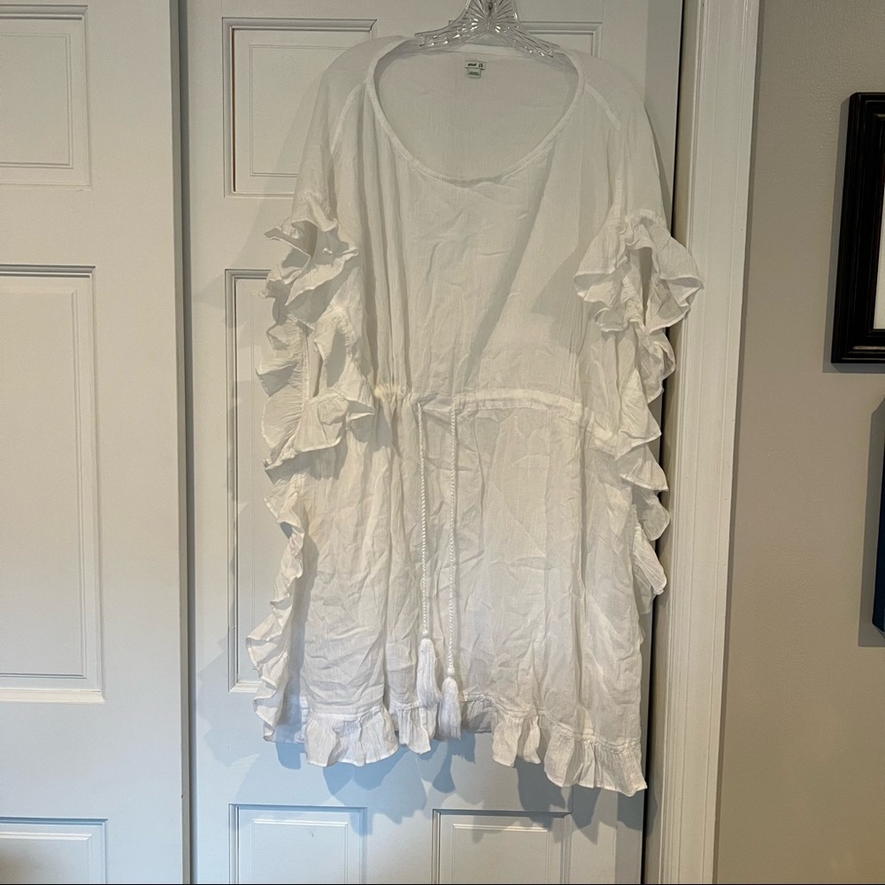White L/XL Aerie Ruffle Swim Coverup with drawstring